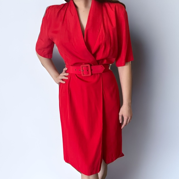 Vintage Dresses & Skirts - Vtg 80s Belted Red Dress